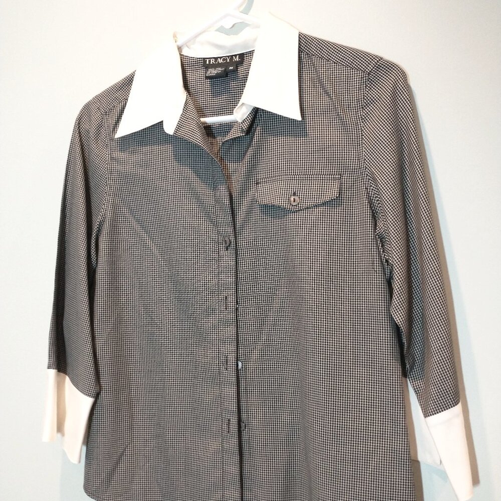 NWOT Tracy M. Black & White Silk Blouse Size M